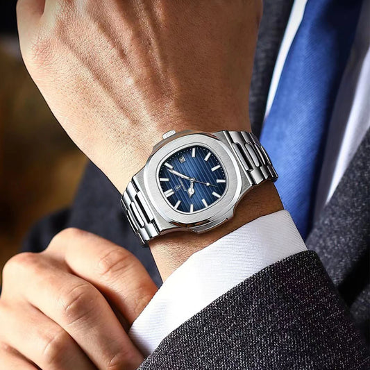 POEDAGAR Quadrat Luxus Herrenuhr Silber